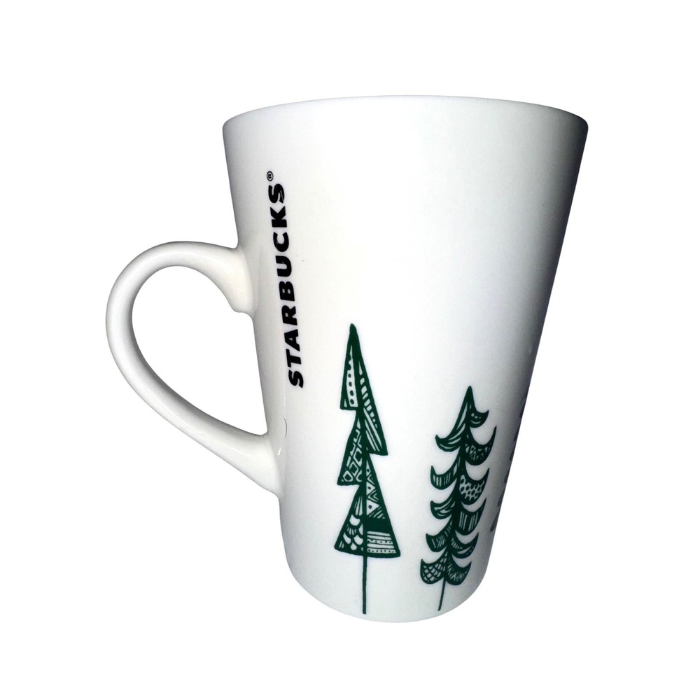 Starbucks White Ceramic Mug Green Pine Trees 16 oz Retired Print
